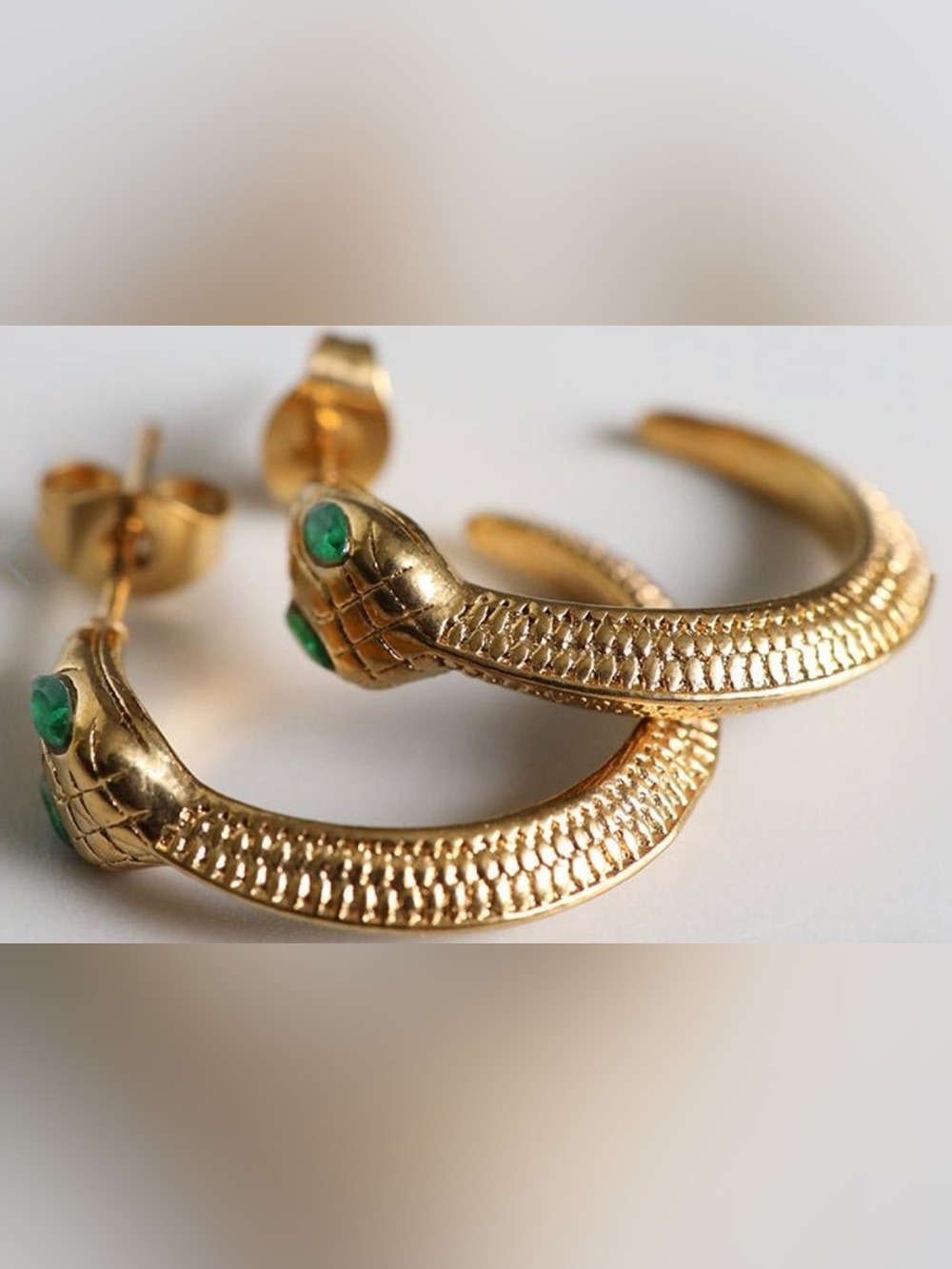 Gold Snake Hoop Earrings with Green Stone Eyes